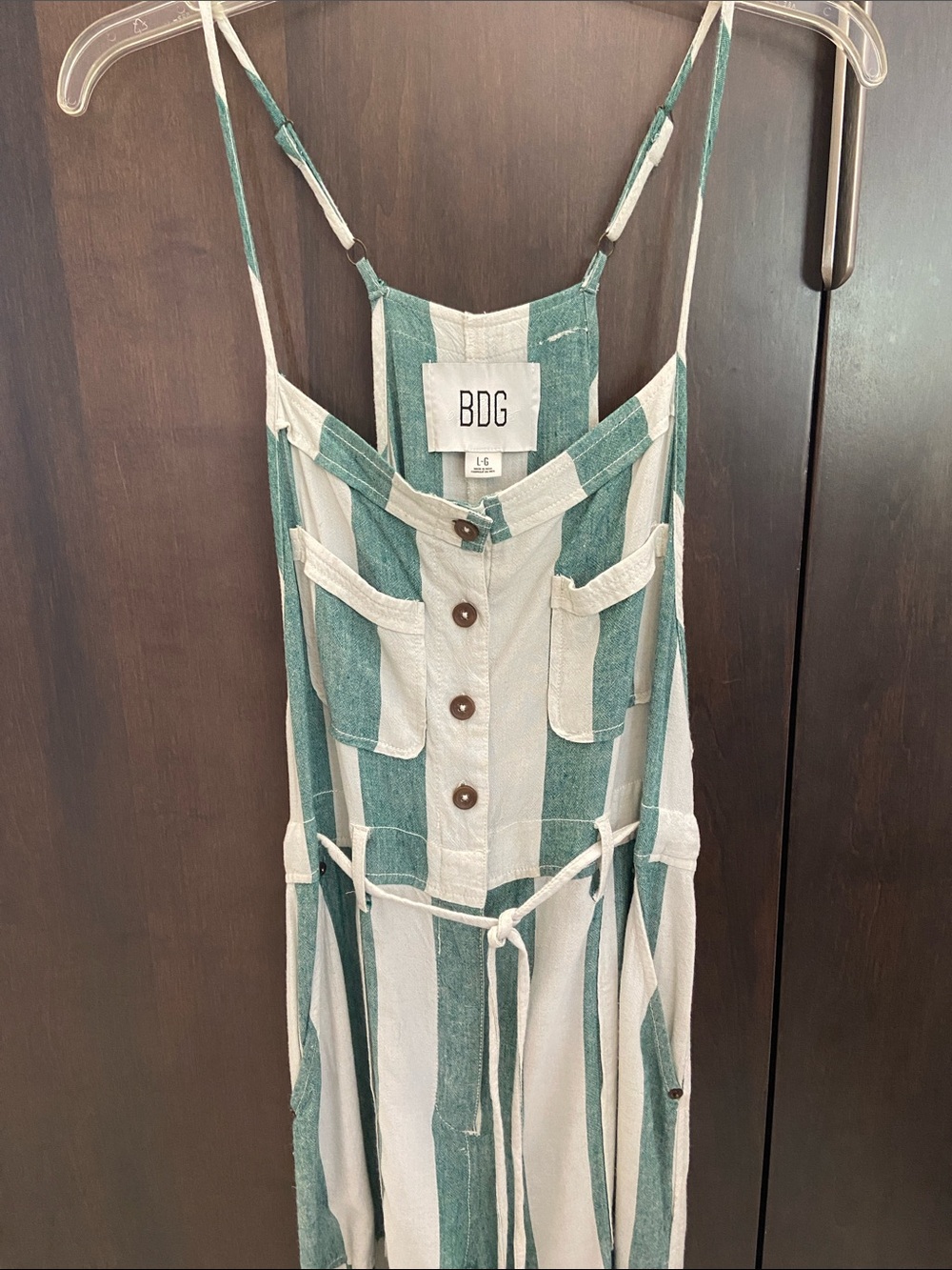 BDG Teal and Cream Striped Button-Front Jumpsuit (dungarees) with skinny straps - Picture 5 of 16